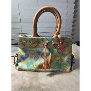 Dooney & Bourke Pastel Heart Print Leather Handbag With Tassels & Tag